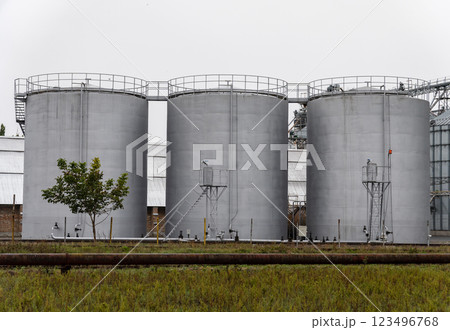 Three large fuel storage tanks stand prominently in an industrial area, surrounded by greenery and under a gray sky, emphasizing their sturdy construction 123496768