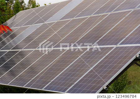 A solar panel installation captures sunlight on a sunny day, converting solar energy into electricity, promoting renewable energy use and sustainability 123496784