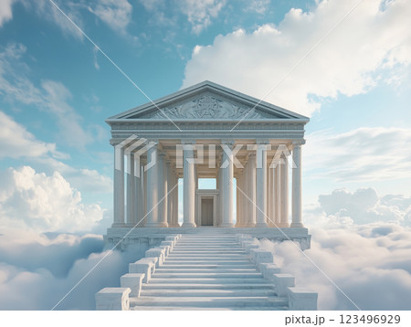 快晴の雲の上にあるギリシャ風神殿の入り口 快晴の雲の上にあるギリシャ風神殿の入り口 123496929