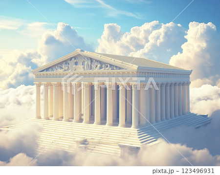 快晴の雲の上にあるギリシャ風神殿の入り口 123496931