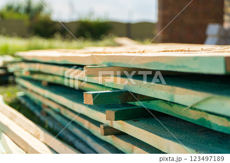 Sawmill. Wood timber stack of wooden blanks construction material 123497189