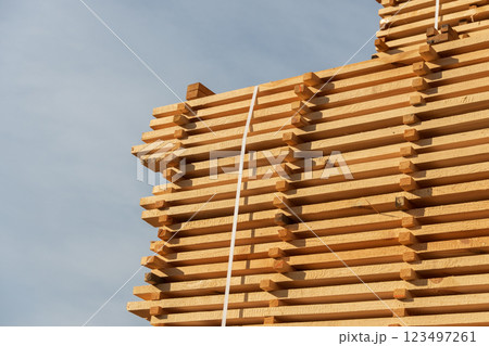Tall stacks of freshly cut lumber sit neatly aligned under a clear blue sky, showcasing their natural texture and color. The early morning sun casts soft shadows, enhancing their appeal 123497261