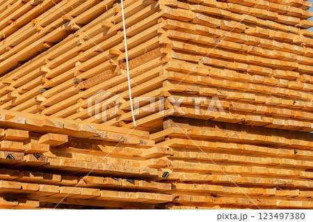 Stacked boards on a sawmill. Production of lumber for construction Stacked boards on a sawmill. Production of lumber for construction 123497380
