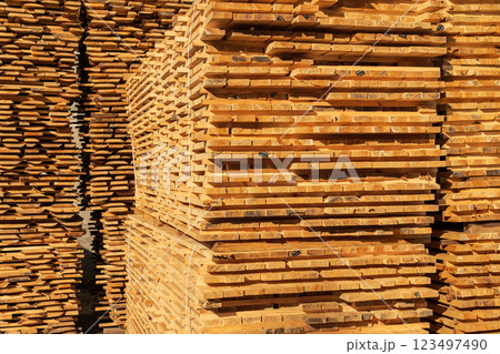 The boards are stacked. Drying wood on a sawmill. Wooden planks. Production of boards The boards are stacked. Drying wood on a sawmill. Wooden planks. Production of boards 123497490