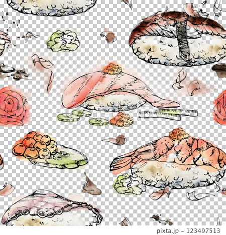 Traditional Japanese food, nigiri sushi raw fish, tamagoyaki tako octopus, tuna salmon unagi shrimp, hand drawn in watercolor, ink. Seamless pattern for restaurant, cafe menu, kitchen, recipe book Traditional Japanese food, nigiri sushi raw fish, tamagoyaki tako octopus, tuna salmon unagi shrimp, hand drawn in watercolor, ink. Seamless pattern for restaurant, cafe menu, kitchen, recipe book 123497513