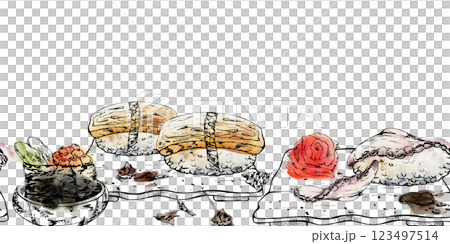 Traditional Japanese food, nigiri gunkan sushi served on plate with raw fish omelette octopus caviar, hand drawn in watercolor and ink. Seamless banner for restaurant, cafe menu, kitchen, recipe book Traditional Japanese food, nigiri gunkan sushi served on plate with raw fish omelette octopus caviar, hand drawn in watercolor and ink. Seamless banner for restaurant, cafe menu, kitchen, recipe book 123497514