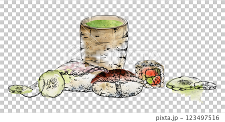 Japanese food nigiri sushi roll, raw fish octopus tako slice, unagi salmon sesame cucumber, matcha tea hand drawn in watercolor, ink. Illustration for restaurant, cafe menu, kitchen print, recipe book 123497516
