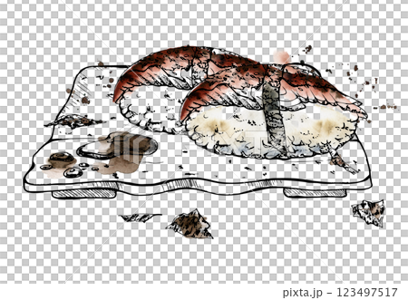 Japanese food nigiri sushi set on ceramic plate, raw fish unagi smoked eel on rice ball, nori flakes, soy sauce drops hand drawn in watercolor, ink. Illustration for restaurant, cafe menu, recipe book 123497517