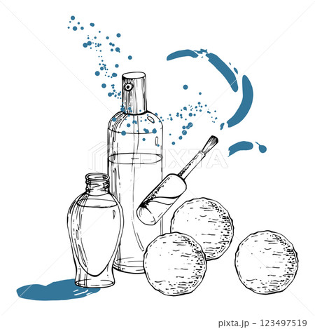 Spray mist bottle perfume cologne, nail cuticle polish varnish lacquer, cotton pad swab applicator. Line vector hand drawn ink sketch, isolated composition. Beauty parlor illustration, cosmetics shop. Spray mist bottle perfume cologne, nail cuticle polish varnish lacquer, cotton pad swab applicator. Line vector hand drawn ink sketch, isolated composition. Beauty parlor illustration, cosmetics shop. 123497519
