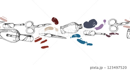 Manicure pedicure cuticle polish varnish lacquer splashes, nail file emery board, scissors. Isolated seamless banner, line vector sketch hand drawn in ink. Beauty parlor illustration, cosmetics shop Manicure pedicure cuticle polish varnish lacquer splashes, nail file emery board, scissors. Isolated seamless banner, line vector sketch hand drawn in ink. Beauty parlor illustration, cosmetics shop 123497520