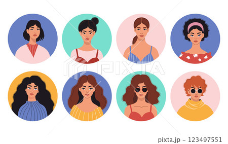 Beautiful Woman. Female Portrait set. Isolated round avatar with fair-skinned girls. Vector illustration Beautiful Woman. Female Portrait set. Isolated round avatar with fair-skinned girls. Vector illustration 123497551