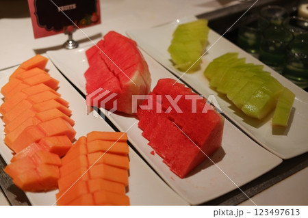Catering buffet for events in a restaurant or hotel. Food styling and restaurant meal serving. 123497613