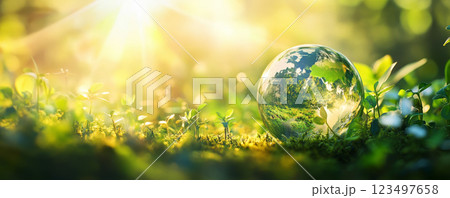 Glass Globe with Growing Plants Reflecting Earths Fragile Ecosystem 123497658