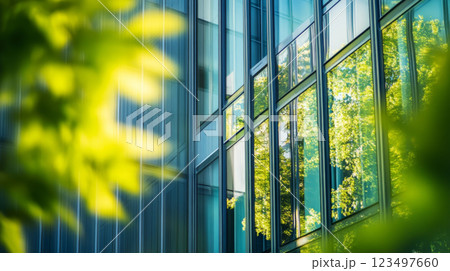 Green leaves reflecting on modern glass building facade 123497660