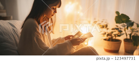 Woman Reading Tarot Cards in Candlelit Room 123497731
