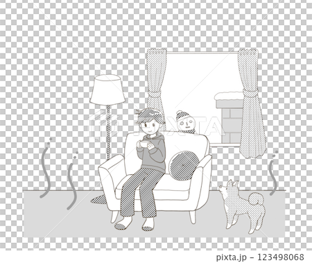 暖かい部屋で犬とくつろぐ男性 123498068