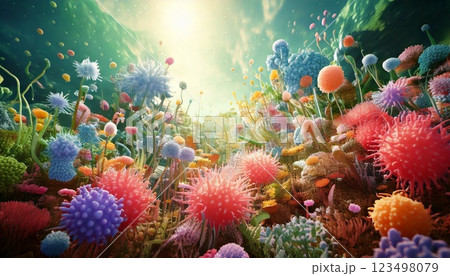 カラフルで多様な腸内細菌の善玉菌たちが集まった腸内フローラのイメージの3Dイラスト  綺麗な腸内環境 123498079