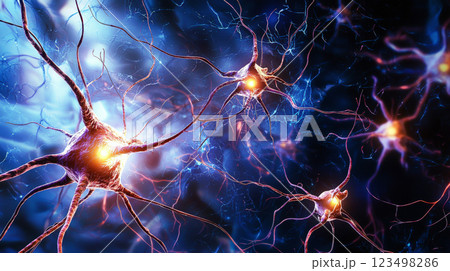 A stunning photorealistic depiction of neurons firing electrical impulses between brain cells. Generative AI 123498286