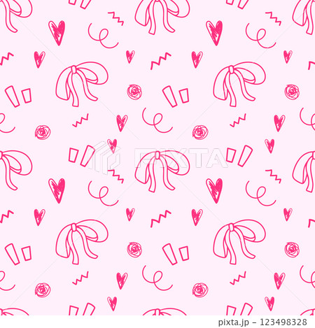 Pink bow and ribbon hand drawn seamless pattern background for wrapping, gift, beauty, salon, fashion and illustration 123498328