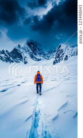 A person walking across a snow covered field with mountains in the background A person walking across a snow covered field with mountains in the background 123498643