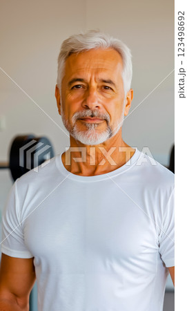 A man in a white shirt standing in front of a barbell A man in a white shirt standing in front of a barbell 123498692