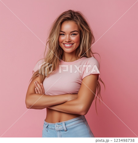 健康的で引き締まった体の女性が自信を持ってポーズを取る 123498738