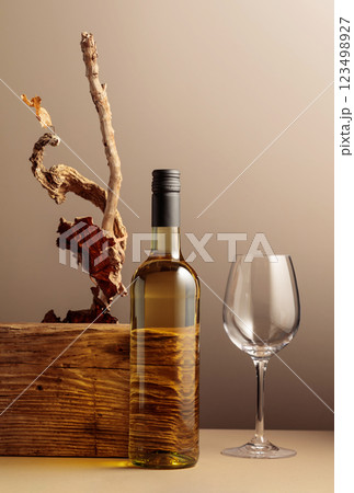 Bottle of white wine with a composition of old plank, dry snags, and dried vine leaves. 123498927