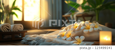 Plumeria flowers and candlelight reflections in spa ambiance Plumeria flowers and candlelight reflections in spa ambiance 123499141