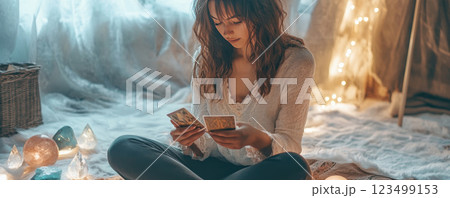 Woman Reading Tarot Cards in Candlelit Room 123499153
