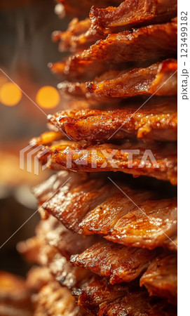 Juicy Grilled Meat on Rotating Spit at a BBQ Stand Juicy Grilled Meat on Rotating Spit at a BBQ Stand 123499182