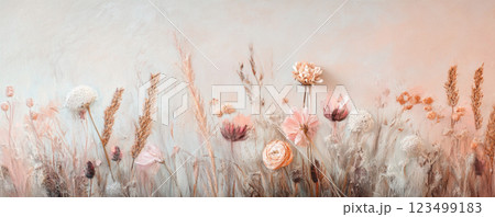 Floral compositions with delicate dried flowers and pastel tones Floral compositions with delicate dried flowers and pastel tones 123499183
