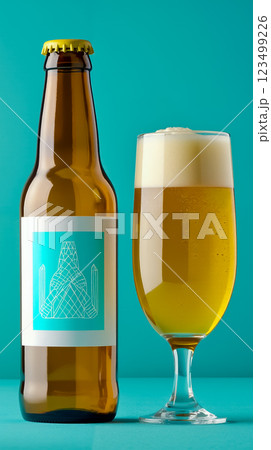 A glass of beer next to a bottle of beer 123499226