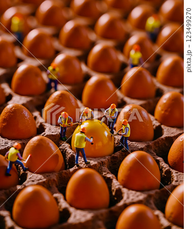 Miniature people working on an egg in a tray of eggs Miniature people working on an egg in a tray of eggs 123499270
