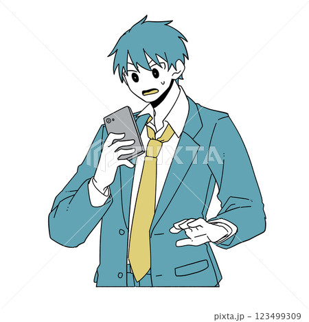 スマートフォンを見ながら驚いている男子高校生 123499309