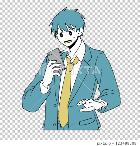 スマートフォンを見ながら驚いている男子高校生 123499309