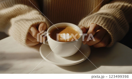 Cozy hands holding a cup of cappuccino with heart latte art 123499398