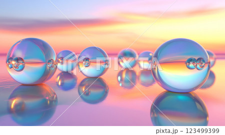Iridescent Spheres on Reflective Surface at Sunset 123499399