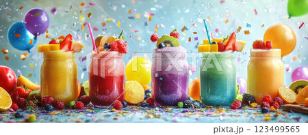 Colorful Smoothies in Mason Jars with Fresh Fruits Colorful Smoothies in Mason Jars with Fresh Fruits 123499565