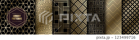 Collection of seamless luxury geometric patterns - gold art deco design. Repeatable ornamental elegant royal golden backgrounds. Symmetry endless vintage prints 123499716