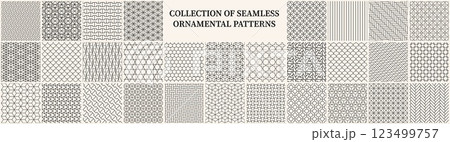 Collection of seamless ornamental vector patterns. Beige elegant oriental vintage backgrounds. Geometric tile mosaic luxury design. Grid texture - unusual prints 123499757