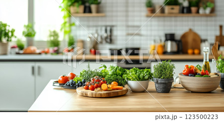 Fresh Vegetables and Herbs in Modern Kitchen 123500223