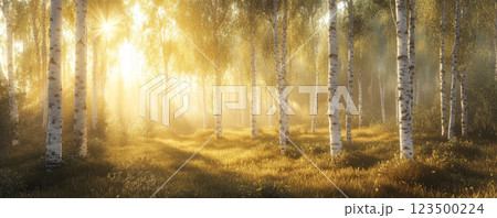 Sunlit Birch Forest at Sunrise 123500224