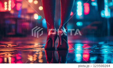 Woman in High Heels Walking on Wet Street at Night 123500264