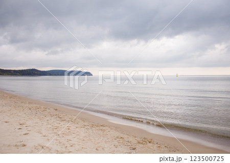 Empty beach by the Baltic sea in Sopot in spring 123500725