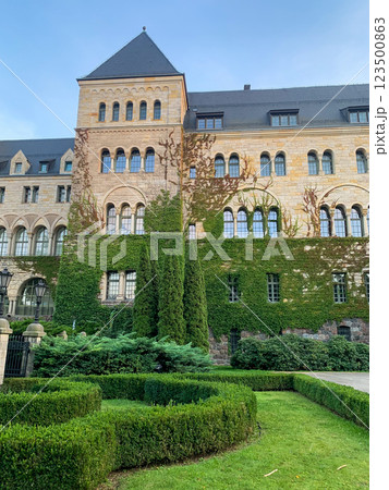 Imperial castle building and park near it in Poznan, Poland 123500863