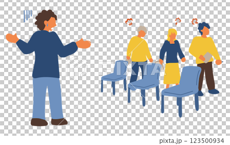 A simple illustration of a man explaining to people who are angry and leaving 123500934