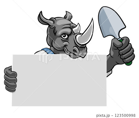 Gardener Rhino Cartoon Handyman Tool Mascot Gardener Rhino Cartoon Handyman Tool Mascot 123500998