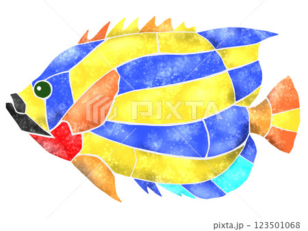 カラフル観賞魚タテジマキンチャクダイのモザイク画風切り絵イラスト 123501068