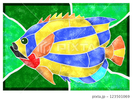 綺麗な熱帯魚タテジマキンチャクダイのタイル画切り絵イラスト背景有り 123501069