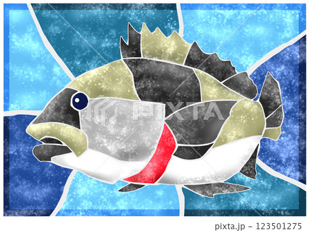 海水魚チヌの素敵なタイル画切り絵イラスト背景有り 海水魚チヌの素敵なタイル画切り絵イラスト背景有り 123501275